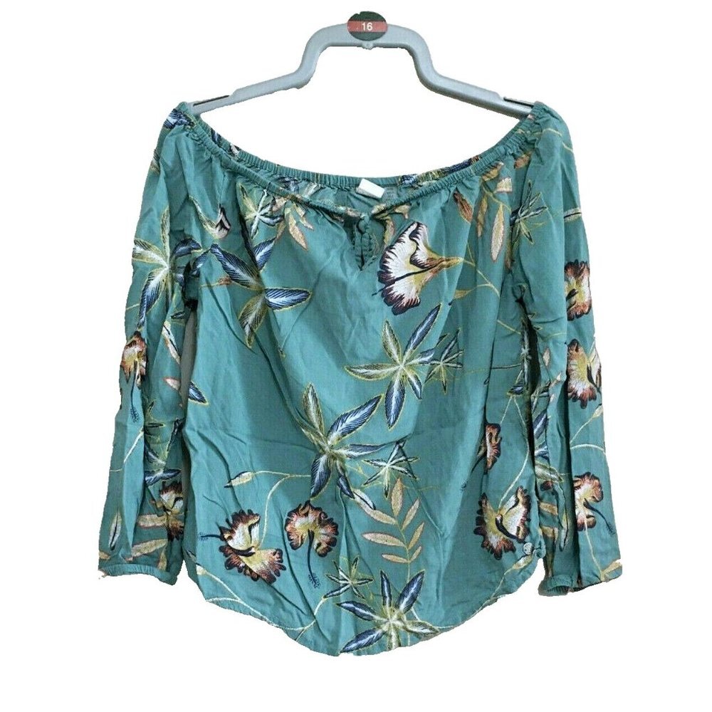 Roxy Cropped Blouse Women's Size 4 Green Vicose Off The Shoulder Floral Print